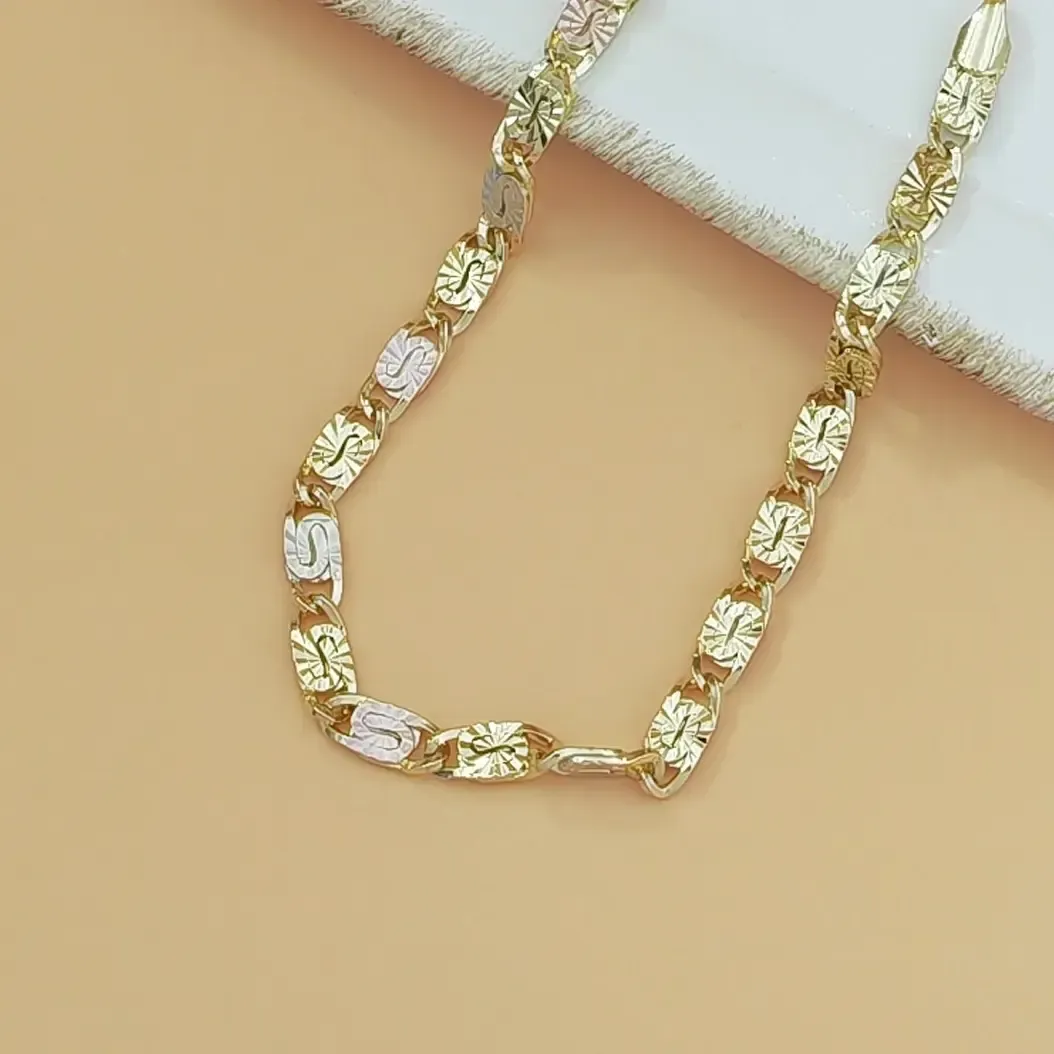 1pc 14K Gold Tri-Color Mariner Link Bracelet for Women – Polished Floral Engraved Three Tone Gold Chain Bracelet, Dainty Jewelry Gift for Her