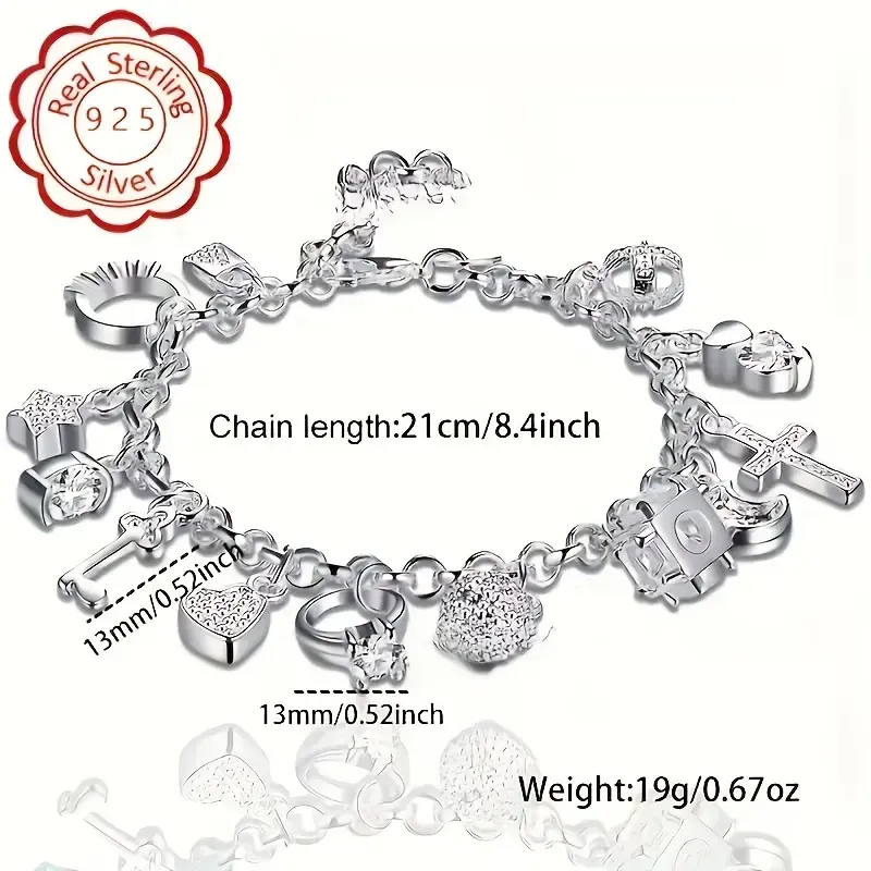 An elegant 925 sterling silver bracelet featuring a heart-shaped key pendant and adorned with 13 exquisite mini-charms, exuding a charming Bohemian style. Boasting a radiant silver luster and meticulous craftsmanship, this fashionable accessory makes an ideal gift for a wife or girlfriend—perfect for birthdays or any special occasion—and serves as a striking, personalized statement piece. (Box not included.)