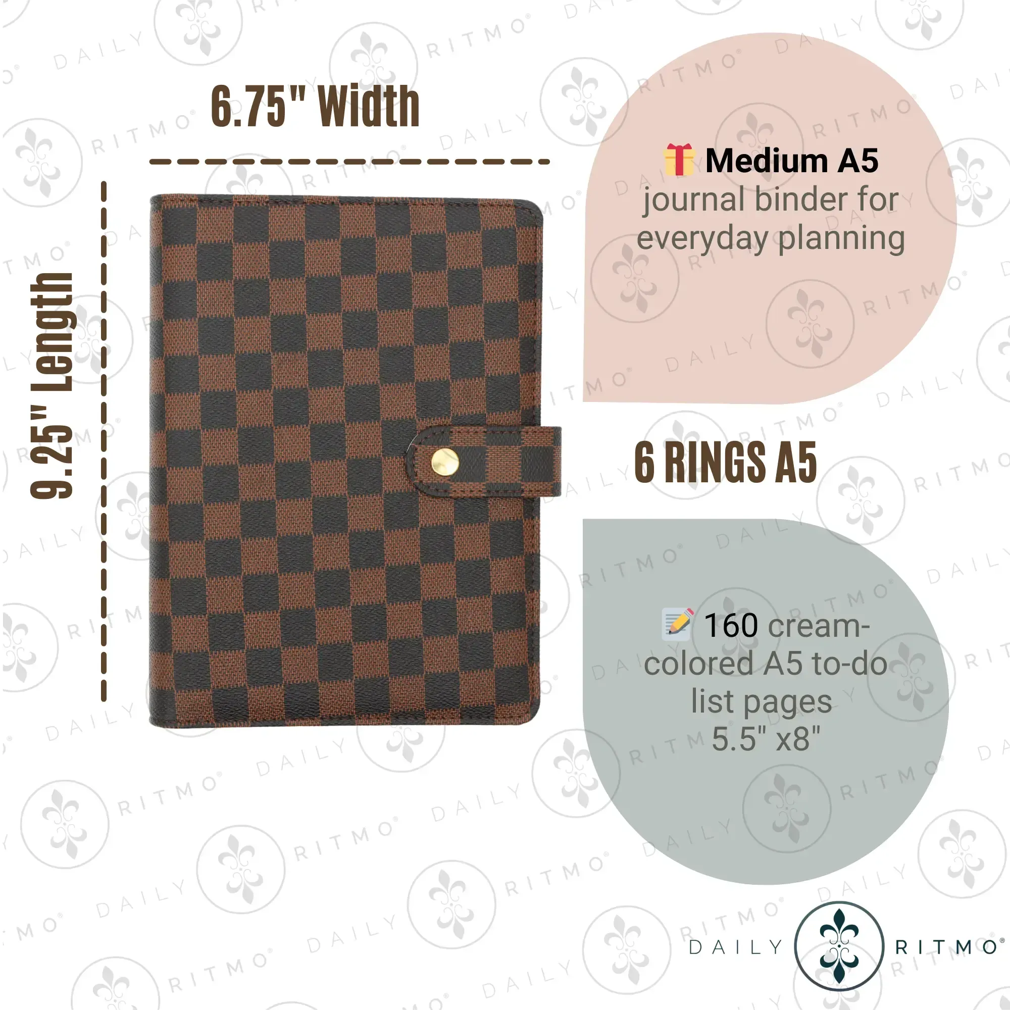 DAILY RITMO A5 Checkered Planner 6-Ring - PU Leather Binder Cover with 160 Pages of Daily To Do List