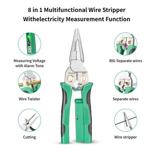SEESE 8 in 1 Wire Stripper Twister for Cutting and Pulling Wires, Voltage Tester Pliers,Cable Scissors, 12V to 250V Live,Null,Hot Wire Judgment AC DC, Audible and Flashing LED Alarms