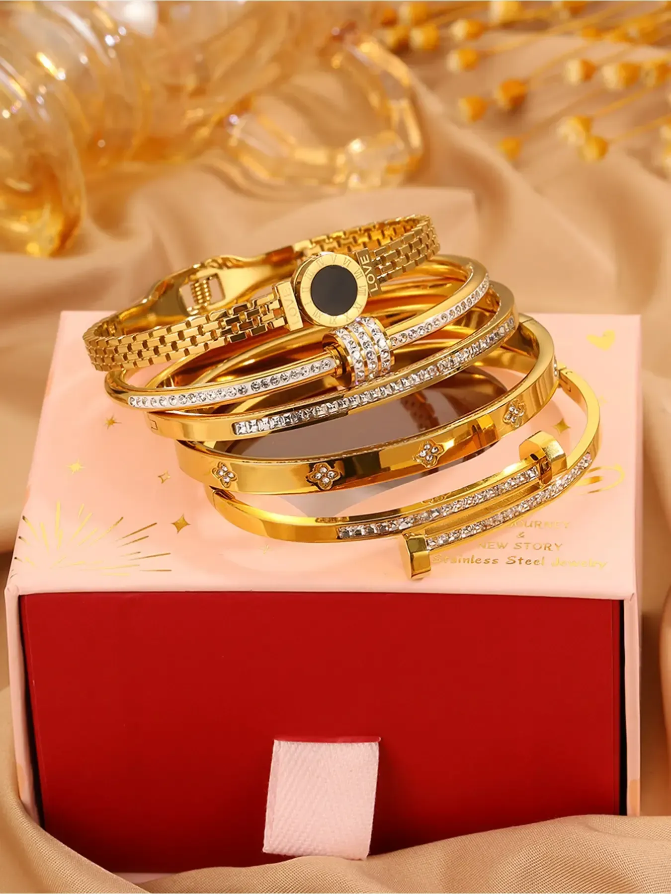 Unisex 304 Stainless Steel Bracelet 5-Piece Set — Christmas Gift, Stackable Bracelets, Layered Design (Gift Box Not Included)