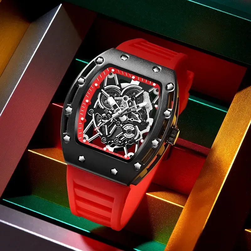 Men's Luxury Barrel-shaped Skeleton Waterproof Watch for Outdoor Back to School Parties Daily & Fall Ideal Birthday Gift with Box