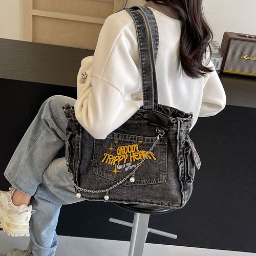 College student tote bag for girls large capacity denim trend new style one-shoulder crossbody handbag niche design backpack, college, outdoor, sports, travel, outing, shopping, vacation, vacation, fashion niche design, women bag