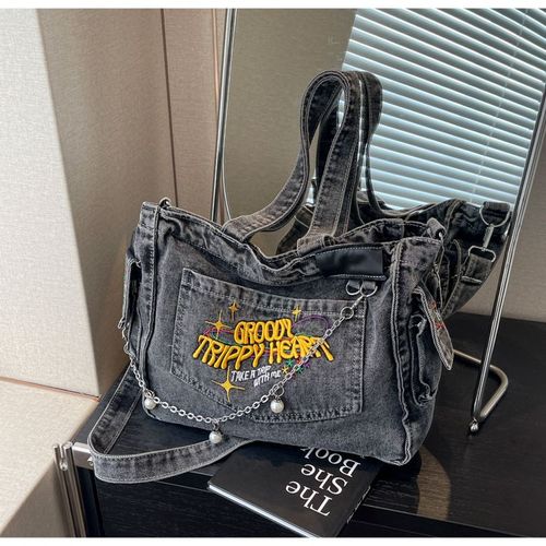 College student tote bag for girls large capacity denim trend new style one-shoulder crossbody handbag niche design backpack, college, outdoor, sports, travel, outing, shopping, vacation, vacation, fashion niche design, women bag