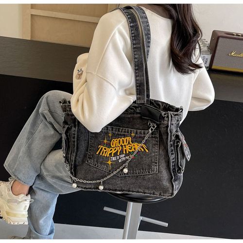 College student tote bag for girls large capacity denim trend new style one-shoulder crossbody handbag niche design backpack, college, outdoor, sports, travel, outing, shopping, vacation, vacation, fashion niche design, women bag