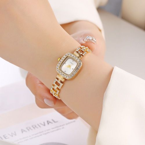 Women's Square Watch with Rhinestone Accents — Hip-Hop Style Quartz Watch (Features an Adjustable Strap). An elegant, square-dial fashion timepiece suitable for all seasons—part of our Rhinestone Collection. (Note: Watch box not included.)