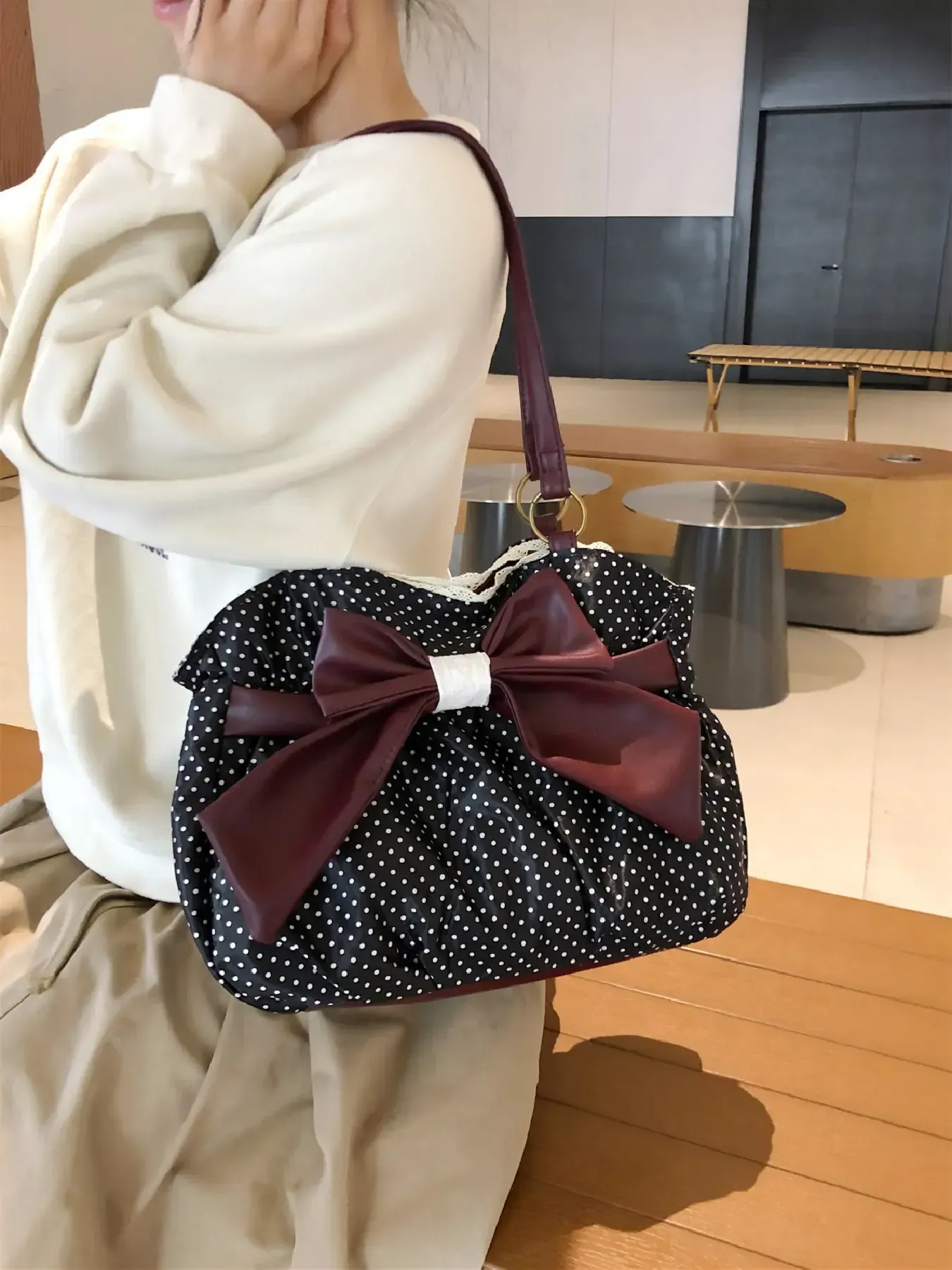 Trendy Fashion Large Capacity Polka Dot Bag with Bow Decor, Fashionable Patterned Bag, Handheld Shoulder Bag, Handbag Shoulder Purse, Stylish Womens Accessory, PU Leather Bag Perfect for Daily Use
