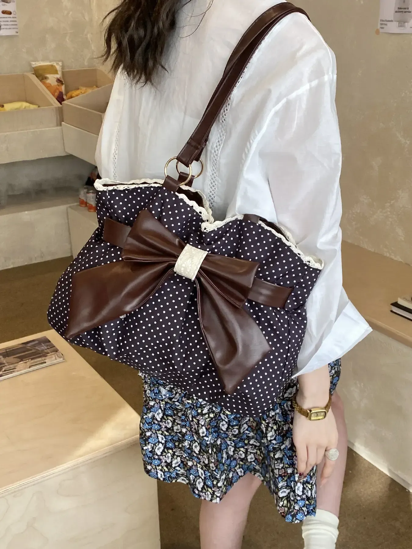 Trendy Fashion Large Capacity Polka Dot Bag with Bow Decor, Fashionable Patterned Bag, Handheld Shoulder Bag, Handbag Shoulder Purse, Stylish Womens Accessory, PU Leather Bag Perfect for Daily Use