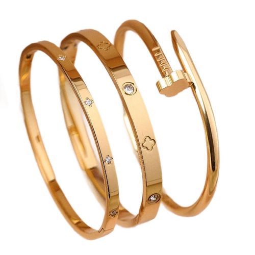 Fashion Gold-Plated Four-Leaf Clover Diamond-Studded Open Bangle, Women's Light Luxury Versatile Stackable Stainless Steel Jewelry