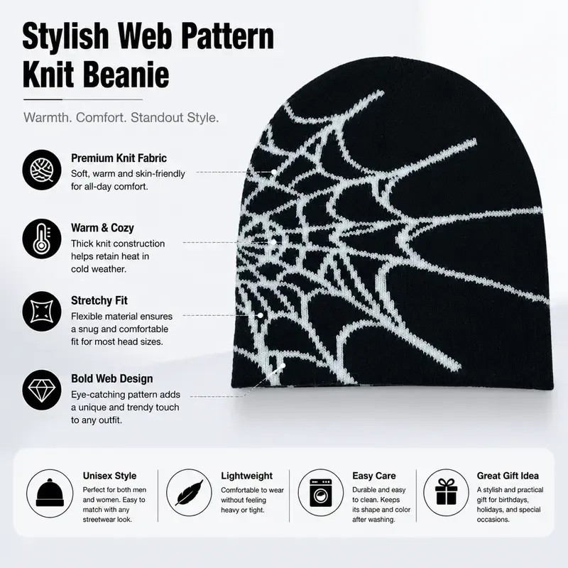 Unisex Y2K Spider Web Skull Cap Beanie -  Viral Graphic Jacquard Knit Streetwear Grunge Aesthetic Hat, Cyberpunk Accessory for Night Raves