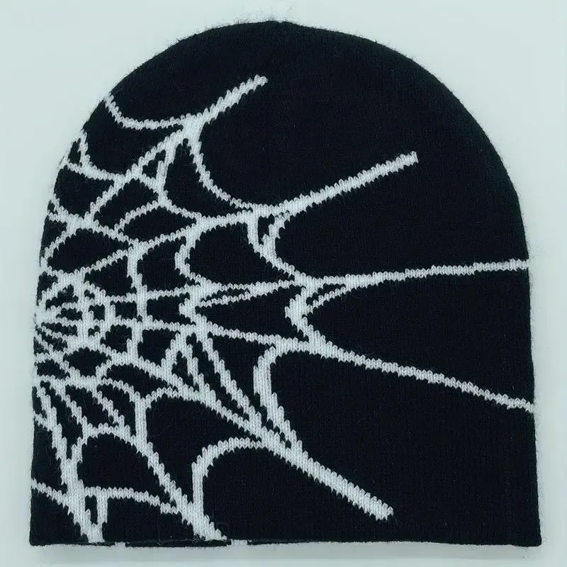 Unisex Y2K Spider Web Skull Cap Beanie -  Viral Graphic Jacquard Knit Streetwear Grunge Aesthetic Hat, Cyberpunk Accessory for Night Raves