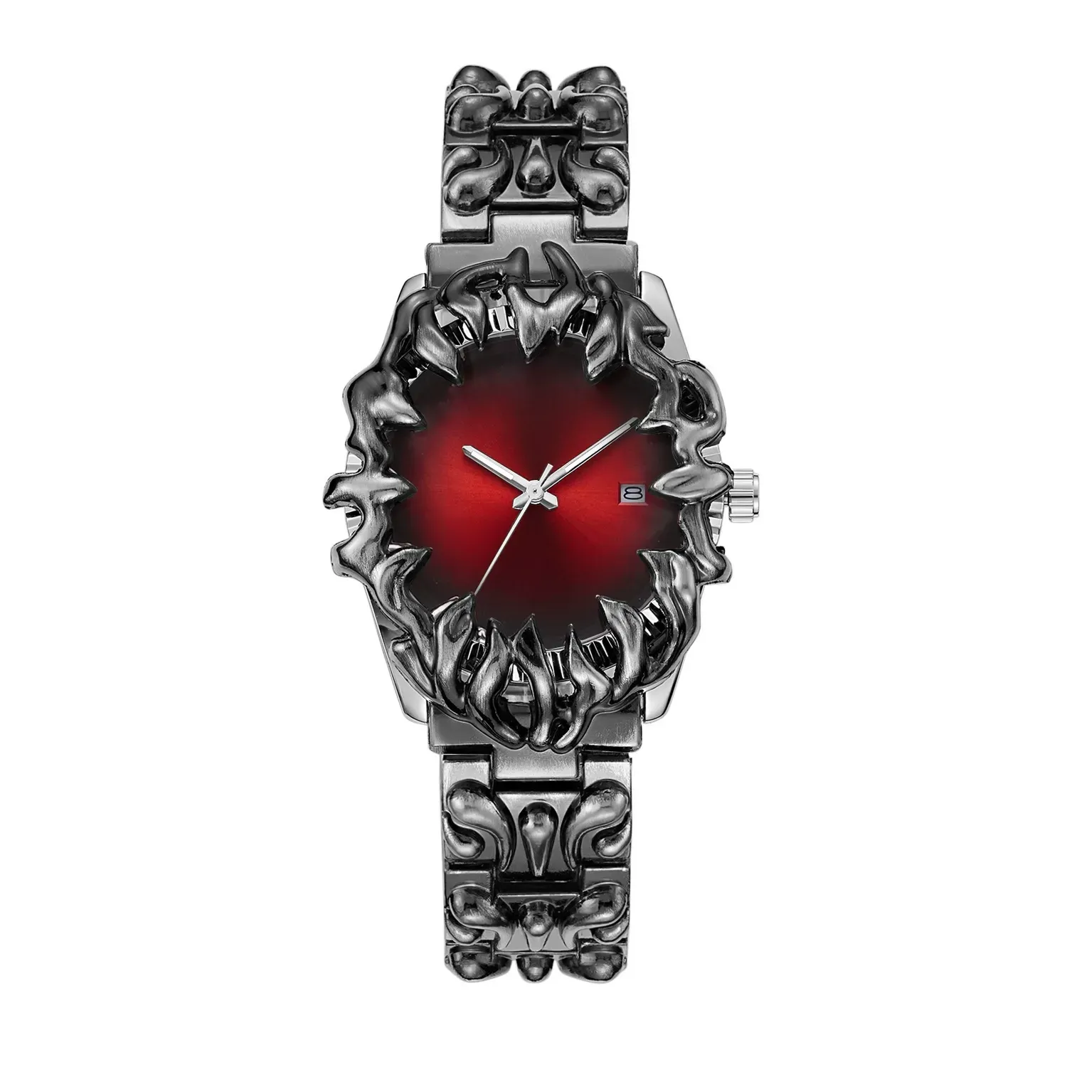 Gothic Flame Shape Men's Quartz Watch, Rare 3D Sculpted Claw Bezel, Gradient Red Dial Waterproof Wristwatch, Retro Y2K Punk Steel Band Watch