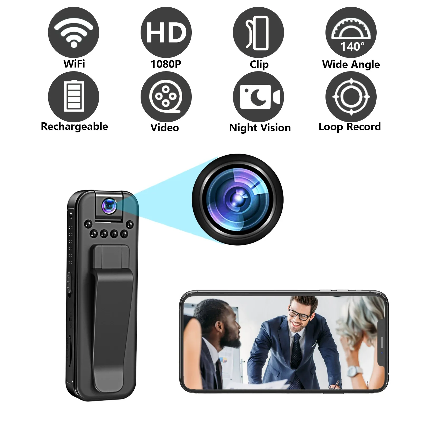 2025 New HD 1080P Video Recorder with Audio Smart Noise Reduction Clip-On Sports Camera Pocket Size for Outdoor Meetings WiFi Supported