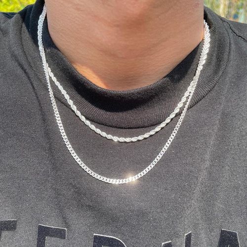 Tewiky Trendy 2Pcs 3mm Chain Necklace for Men - Layered Sterling Silver Cuban Link Rope Necklaces Set Simple Jewelry Gift Present Jewelry