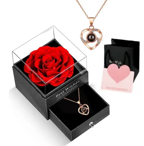 Dia dos Namorados em Luanda 🎁 Caixa de Joias com Rosa Preservada e Colar