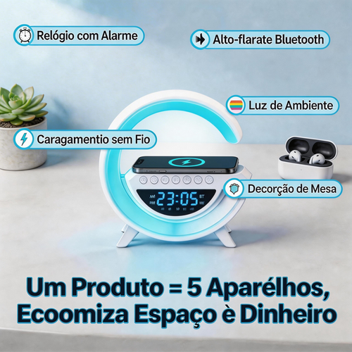 Alto-falante Bluetooth Multifuncional 5 em 1 | Luz de Ambiente RGB + Carregamento Sem Fio 5W + Relógio com Alarme | Frete Grátis Luanda COD 28000KZ