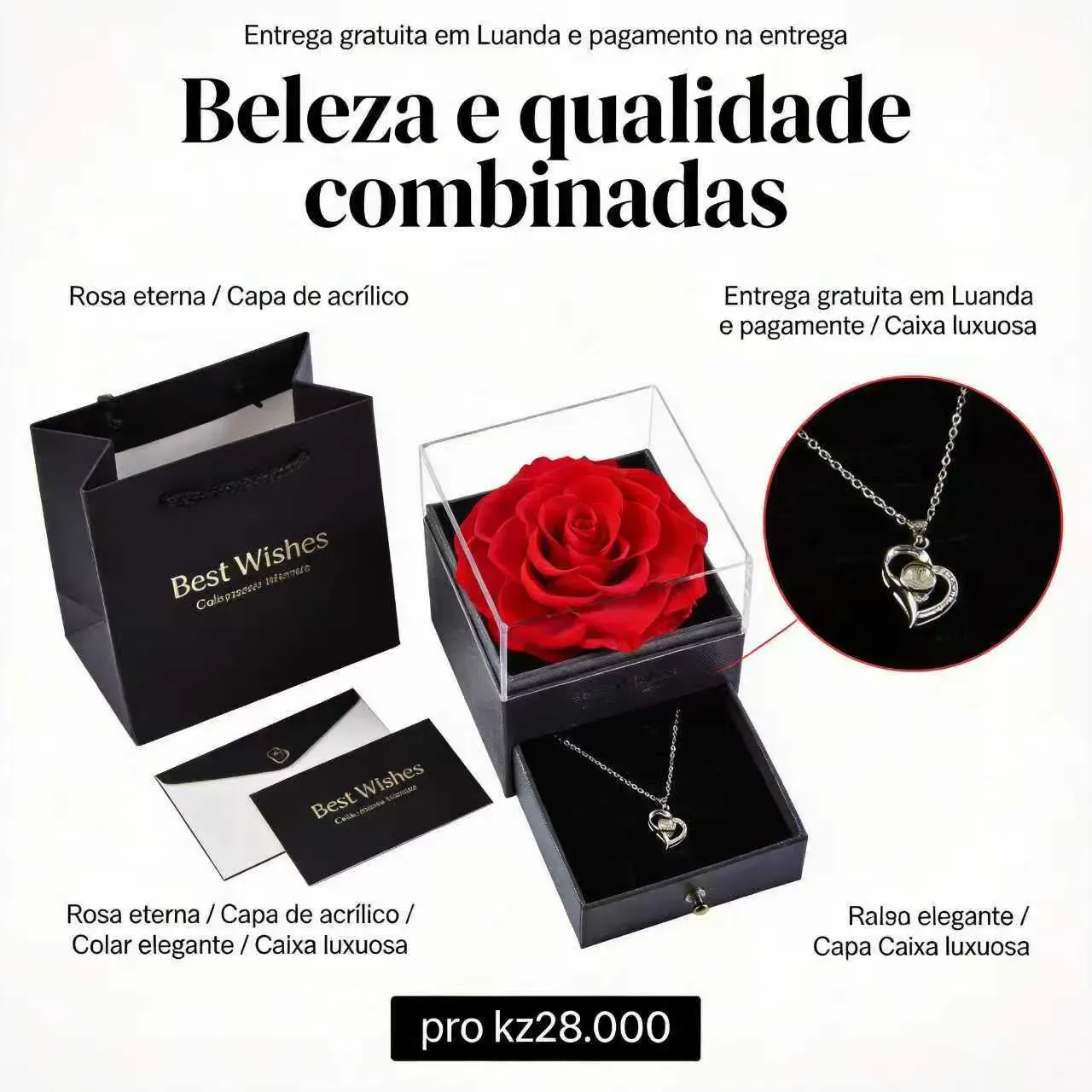 Dia dos Namorados em Luanda 🎁 Caixa de Joias com Rosa Preservada e Colar