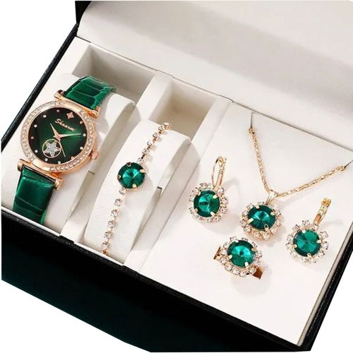 💚✨ Kit de Luxo Feminino 5 em 1 — Relógio + Colar + Pulseira + Anel + Brincos