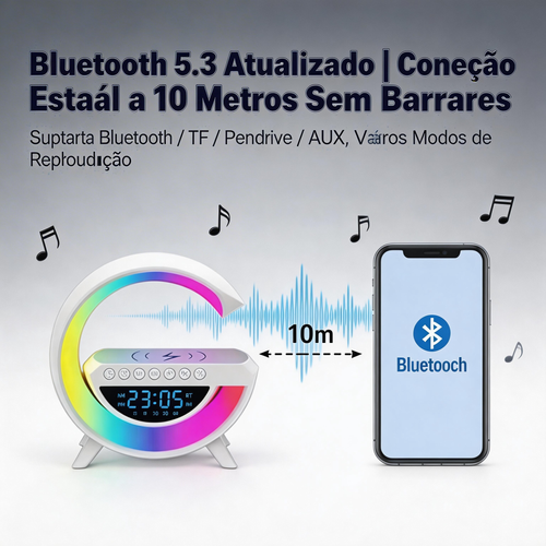 Alto-falante Bluetooth Multifuncional 5 em 1 | Luz de Ambiente RGB + Carregamento Sem Fio 5W + Relógio com Alarme | Frete Grátis Luanda COD 28000KZ