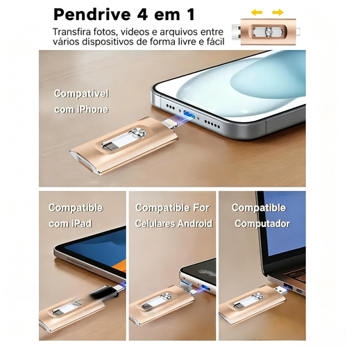 Pen drive 4 em 1 com certificação MFi, 512 GB, portátil, USB OTG, para iPhone iOS (requer aplicação), Android e PC, com adaptador Type-C para transferência de dados a alta velocidade.