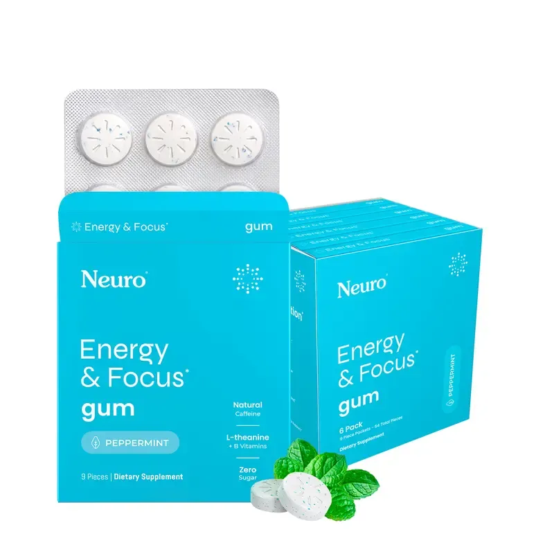 Neuro Energy Caffeine Gum Mints for Energy & Focus - Sugar-Free with L theanine, Caffeine, Vitamin B12 & Vitamin B6 - Peppermint Flavor