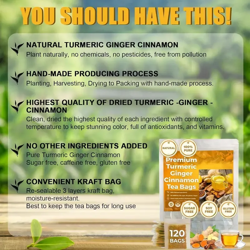 Turmeric Ginger Cinnamon Tea, 100% Natural, Anti-Inflammatea. Eco-conscious Tea Bags. Turmeric Ginger Herbal Tea. No Sugar, No Caffeine, No Gluten, Vegan. antiinflamma tea, looseleaf tea Beverage anti in flama tea ginger caffeine free