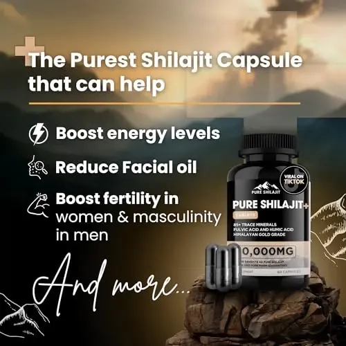 Pure Shilajit Capsules, Maximum Potency Organic Pills with Trace Minerals for Energy & Immune Support, for Men & Women, Natural Supplement from Himalayan Resin, 60 Tablets