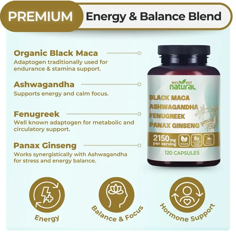 4-in-1 Organic Black Maca Root, Ashwagandha, Fenugreek, Panax Ginseng Supplement for Men and Women in Capsules
