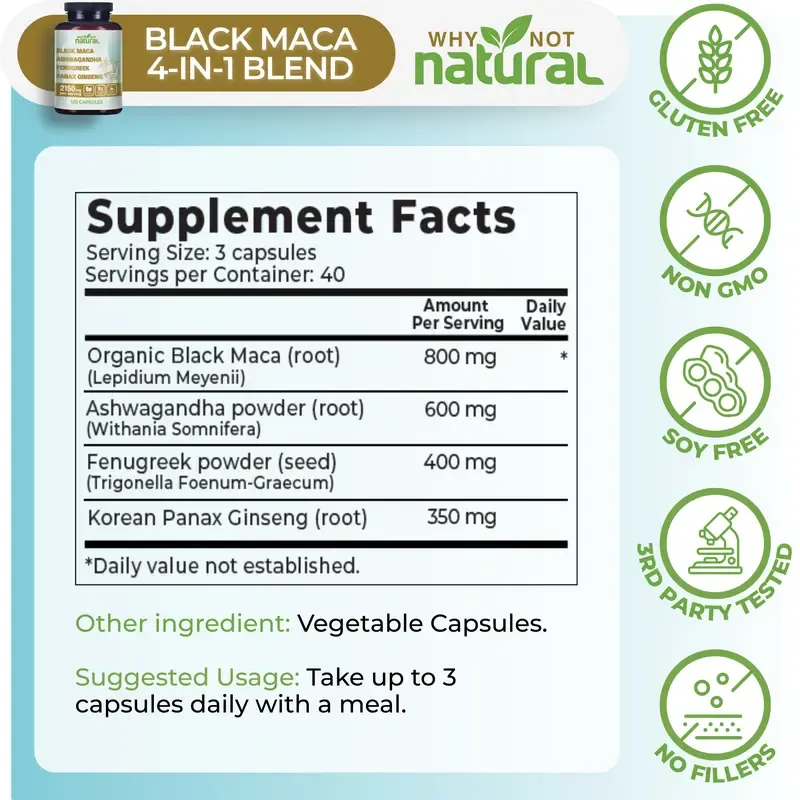 4-in-1 Organic Black Maca Root, Ashwagandha, Fenugreek, Panax Ginseng Supplement for Men and Women in Capsules