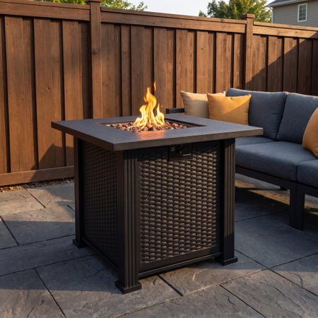 Modern Outdoor Fire Pit Table with Lava Rocks, Propane Fire Pit, Black Steel