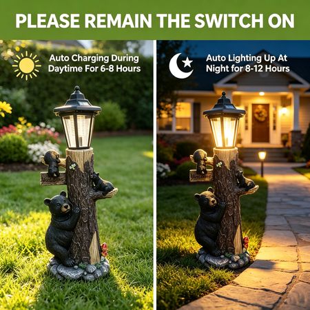 Black bear statue welcome sign garden statue with solar light, 19-inch resin bear family on tree, outdoor bear decoration for courtyard, garden, lawn, yard, perfect gift for Thanksgiving, Christmas, M