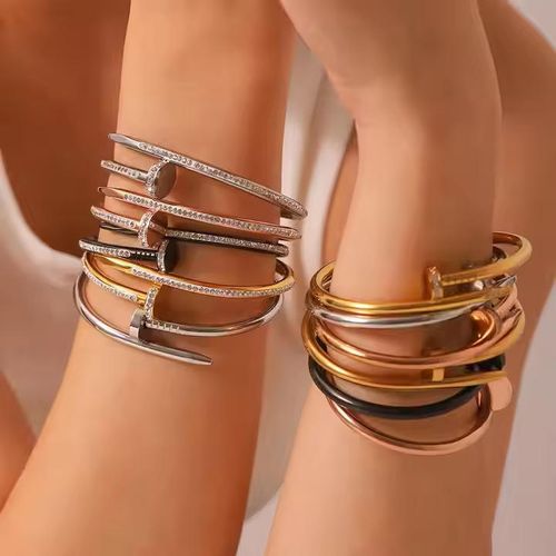 Exquisite Stainless Steel Fashion Jewelry Bracelets 18K Gold Plated Open Cubic Zircon Nail Bangle Couple Bracelet for Women Men