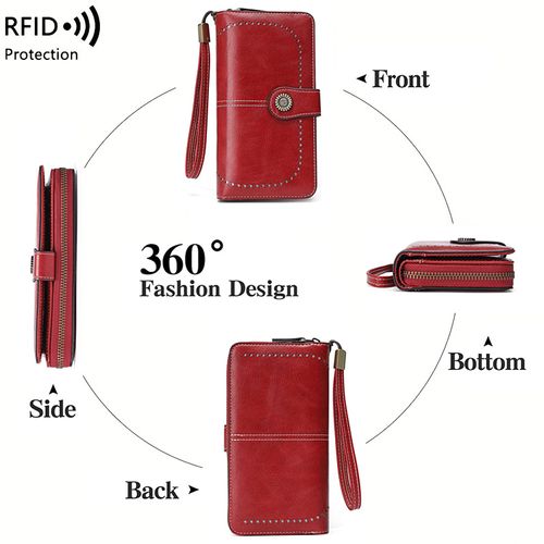 RFID Blocking Oil Wax Leather Handbag, Double Fold Multi Functional Credit Card Holder, Retro Large Capacity Long Women's Wallet