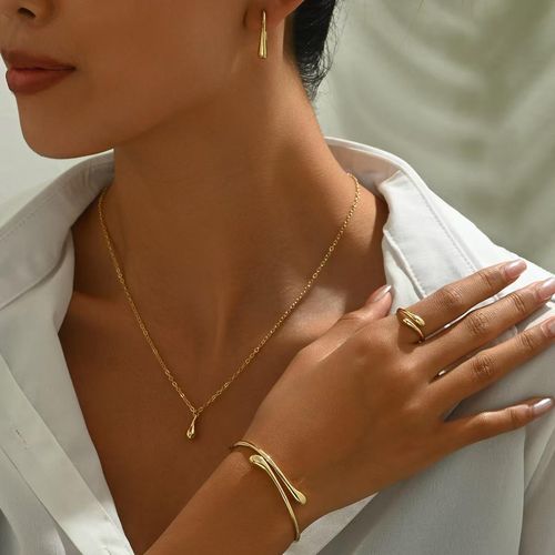 VKME New Fashion Women Jewelry Set Gold Water Drop Necklace Earrings Twisted Rings Bangle Bracelet Silver Jewelry Sets