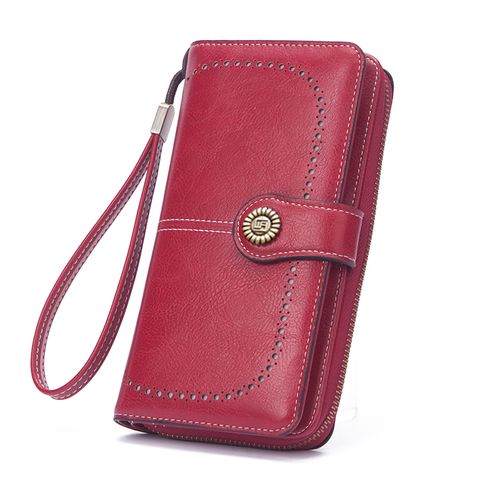 RFID Blocking Oil Wax Leather Handbag, Double Fold Multi Functional Credit Card Holder, Retro Large Capacity Long Women's Wallet