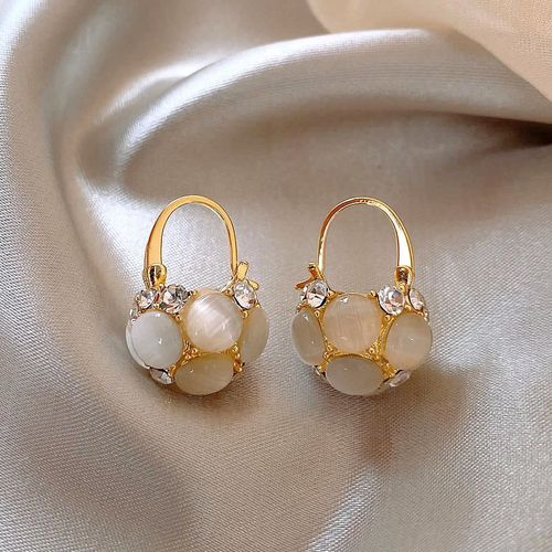 French Elegant Cat Eye Pearls Flower Basket Style Dangle Earrings Custom Jewelry for Women's Engagement & Wedding for Parties