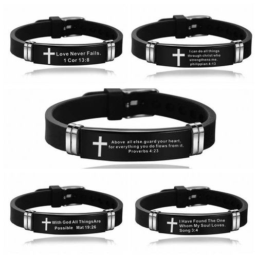 New Design Bible Verse Bracelets Men Silicone Bracelet Bible Prayer Quotes Christian Prayer Cross Engraved Statement Bracelet