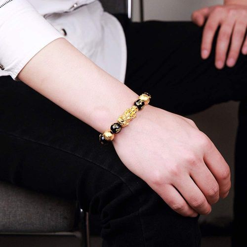 Good Luck Gold Wealth Jewelry Black Buddha Obsidian Beads Feng Shui Mantra Wealth Double Pixiu Proverb Bracelet