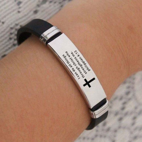 New Design Bible Verse Bracelets Men Silicone Bracelet Bible Prayer Quotes Christian Prayer Cross Engraved Statement Bracelet