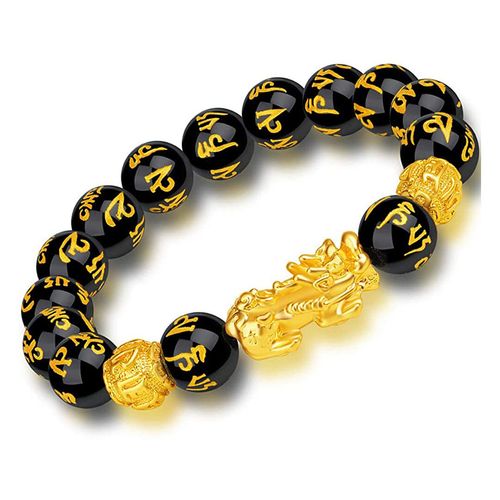 Good Luck Gold Wealth Jewelry Black Buddha Obsidian Beads Feng Shui Mantra Wealth Double Pixiu Proverb Bracelet
