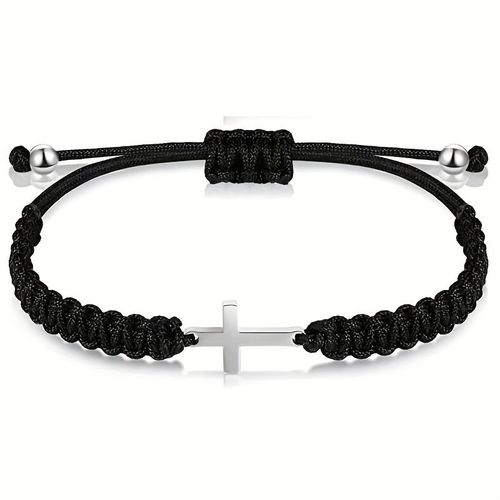 Unisex Stainless Steel Cross Charm Bracelet Handmade Braided Adjustable Rope Bracelets for Men Women Couple Cuff Jewelry Gift