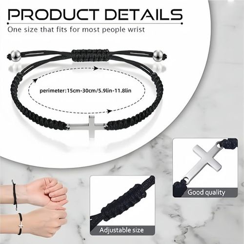 Unisex Stainless Steel Cross Charm Bracelet Handmade Braided Adjustable Rope Bracelets for Men Women Couple Cuff Jewelry Gift