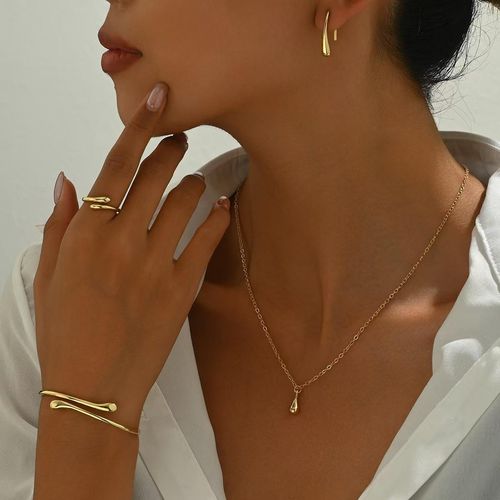 VKME New Fashion Women Jewelry Set Gold Water Drop Necklace Earrings Twisted Rings Bangle Bracelet Silver Jewelry Sets