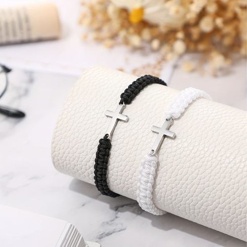 Unisex Stainless Steel Cross Charm Bracelet Handmade Braided Adjustable Rope Bracelets for Men Women Couple Cuff Jewelry Gift
