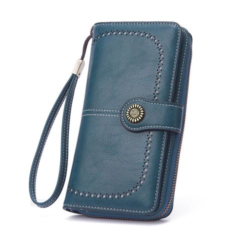 RFID Blocking Oil Wax Leather Handbag, Double Fold Multi Functional Credit Card Holder, Retro Large Capacity Long Women's Wallet