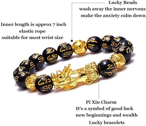 Good Luck Gold Wealth Jewelry Black Buddha Obsidian Beads Feng Shui Mantra Wealth Double Pixiu Proverb Bracelet