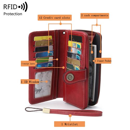 RFID Blocking Oil Wax Leather Handbag, Double Fold Multi Functional Credit Card Holder, Retro Large Capacity Long Women's Wallet