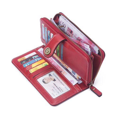 RFID Blocking Oil Wax Leather Handbag, Double Fold Multi Functional Credit Card Holder, Retro Large Capacity Long Women's Wallet