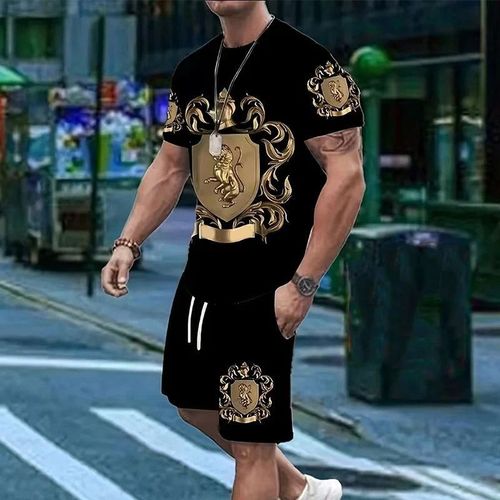 Ensemble t-shirt et short pour homme avec motif blason doré