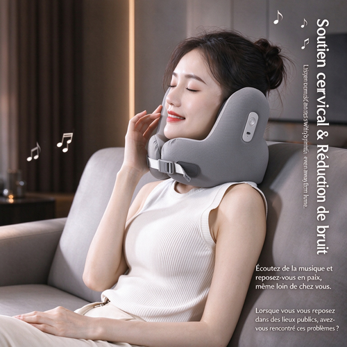 Offre du Black Friday – Coussin cervical en forme de U avec Bluetooth intégré et mousse à mémoire de forme, doté d'une fonction de réduction du bruit (article très prisé)